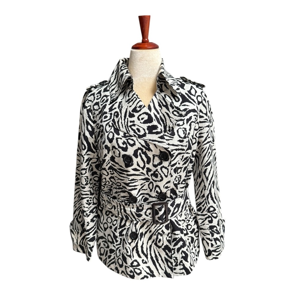Bold Abstract Silk Animal Print Double Breasted Trench Coat Jacket Women’s Large